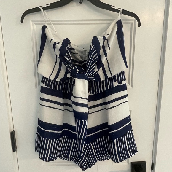 EUC Lulus Delphi Blue and White Striped Tie-Front Strapless Romper - Picture 2 of 3